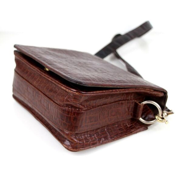 Neiman Marcus BROWN GENUINE LEATHER CROCO PRINT FLAP SHOULDER BAG X-BODY PURSE - Picture 9 of 15